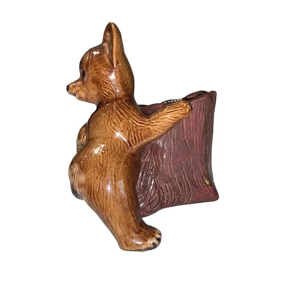 Vintage Brown Bear & Tree Stump Ceramic Spoon Holder flower vase - Picture 3 of 10